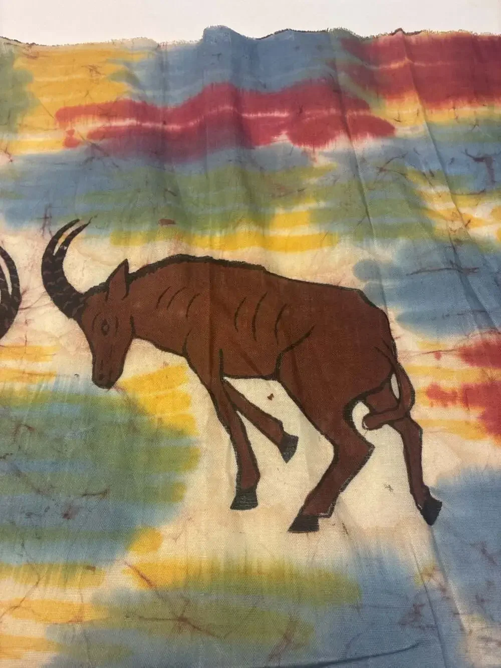 Vintage Hand-Dyed African Batik Fabric Wall Hanging with Antelope Motif